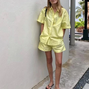 2023 Новый женский Желтый льняной комплект, свободная рубашка с коротким рукавом, топ + Шорты с эластичной резинкой на талии на шнуровке
