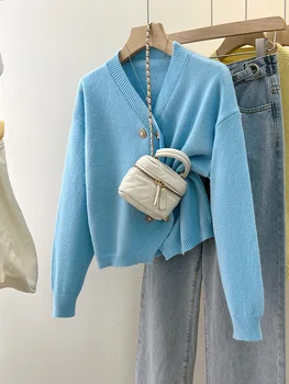 Женский укороченный свитер с V-образным вырезом и длинным рукавом, вязаный кардиган, женский осенний кардиган, мягкие топы, одежда y2k