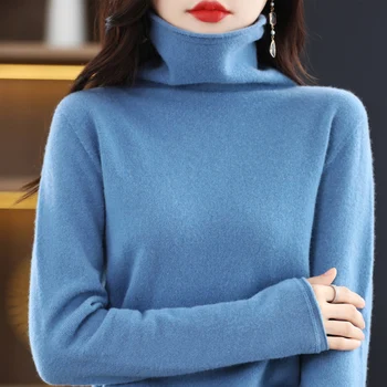 Осенне-зимний женский новый пуловер 2023, повседневный однотонный свитер из 100% шерсти с высоким воротом, мягкая и дышащая блузка