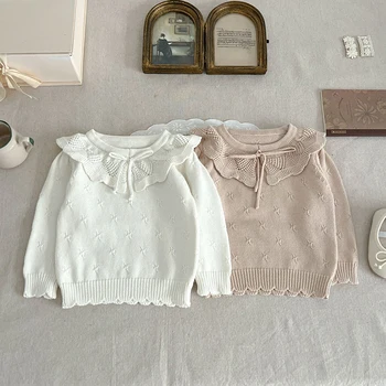 MILANCEL/ Новый осенний детский свитер, трикотажная рубашка с рюшами на шее, открытые топы для девочек