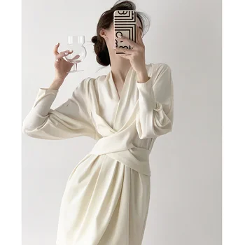 Белое французское платье INSMI, облегающее талию, 2023, высококачественная новинка ранней осени, женская рубашка с длинными рукавами, юбка