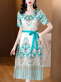 Летнее шелковое Повседневное платье с бантом и повязкой Женское Элегантное Шикарное Вечернее платье 2023 Корейские винтажные платья для дам 50 лет