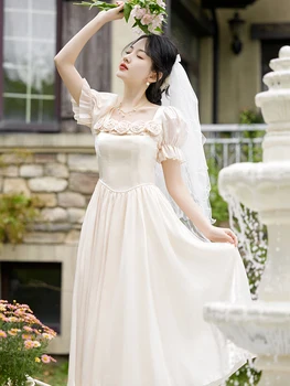 Летнее новое женское платье в дворцовом стиле с благородными объемными цветами, платье подружки невесты с пузырчатым рукавом и квадратным воротником.