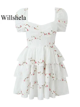 Willshela Женское модное плиссированное мини-платье с оборками и вышивкой, винтажное мини-платье с V-образным вырезом и открытой спиной, с короткими пышными рукавами, женские шикарные платья