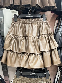 Корейская модная мини-юбка, женские эластичные плиссированные юбки трапециевидной формы с высокой талией для торта, женская кожаная юбка, женская одежда, прямая поставка