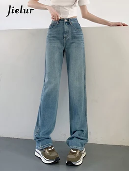 Jielur Ins Винтажные Свободные базовые женские джинсы Модные офисные женские прямые полной длины с высокой талией Простые женские широкие брюки
