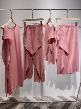 Miyake Pleats 2023 Лето Осень Ограниченное количество Розовых нестандартных костюмов Дизайнерская эстетичная одежда Широкие брюки Комплекты платьев из двух частей