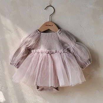 Очаровательный сетчатый комбинезон для маленьких девочек, платье-пачка принцессы с пузырчатым рисунком с длинным рукавом для новорожденных, костюм на день рождения, осенне-зимняя одежда для малышей