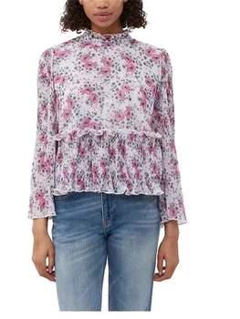 Женская плиссированная блузка с оборками, Цветочный принт, 2 цвета, Длинный рукав, воротник-стойка, Винтажная Женская Весенне-летняя рубашка 2023