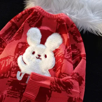 Вязаный свитер с милым плюшевым кроликом, женский зимний свободный свитер в стиле аниме Каваи, Новый мягкий свитер Ins, топы в стиле хип-хоп Cyber Y2k в японском стиле