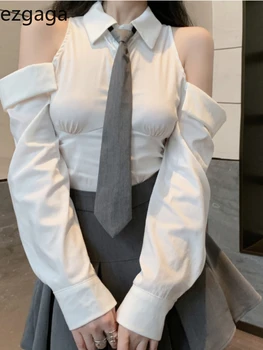 Ezgaga Шикарные винтажные рубашки во французском стиле, женский галстук, тонкая Сексуальная милая блузка с открытыми плечами и длинным рукавом, приталенный стиль в стиле опрятности