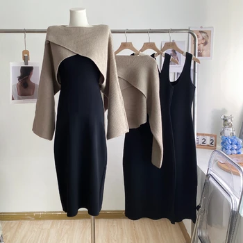 Осенние комплекты из двух предметов, женский укороченный кардиган с длинным рукавом + платье-свитер на бретельках, женский элегантный комплект, прямая поставка