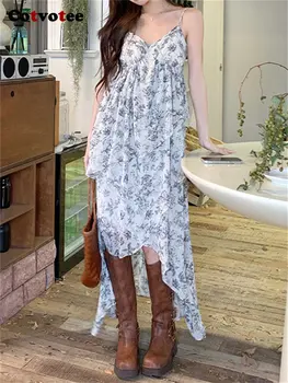 Женское платье с цветочным рисунком Cotvotee 2023, модное летнее платье с асимметричными оборками и V-образным вырезом, шикарное платье Y2k на тонких бретелях в пляжном стиле