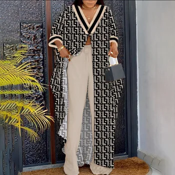 Летний модный топ из двух частей с цветочным принтом, повседневные брюки с цветочным принтом, Свободный V-образный вырез, комплект из 2 предметов для африканских женщин