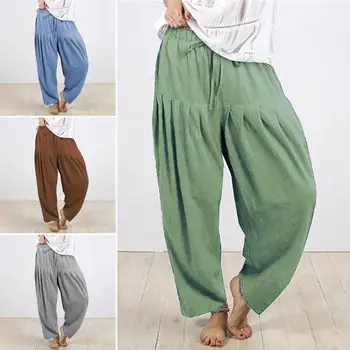 Женские брюки со средней посадкой, эластичный пояс, завязки, плиссированные тонкие шаровары длиной до щиколоток, однотонные Широкие брюки-шаровары