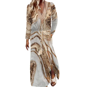 Женское платье с V-образным вырезом и длинным рукавом, элегантное длинное платье с принтом 2023, Новая осенняя мода, сексуальное платье с разрезом, шикарное Винтажное платье на шнуровке в цветочек
