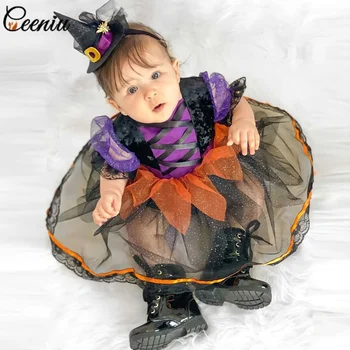 Ceeniu 0-24 м, комбинезон на Хэллоуин для маленьких девочек, сетчатый комбинезон принцессы с пышными рукавами, платья для новорожденных девочек, костюм на Хэллоуин