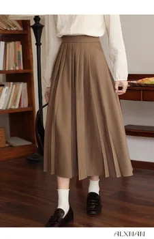 Осенне-зимняя винтажная плиссированная клетчатая юбка Миди, женские коричневые длинные юбки трапециевидной формы с высокой талией, темпераментные поездки на работу