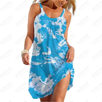 2023 Новая Гавайская модная Короткая юбка, Женская Свободная Сексуальная рубашка с круглым вырезом, Летнее платье на бретельках, Легкий галстук-краска, Мода для 3D-печати