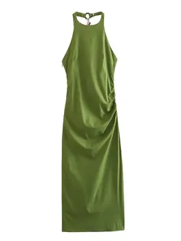 MESTTRAF Женская мода Y2K Однотонное Плиссированное платье Миди Сексуальное Винтажное платье без рукавов с открытой спиной и боковой молнией Женские платья Vestidos