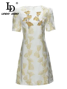 LD LINDA DELLA 2023, Лето, Новый стиль, Дизайнерское винтажное платье для подиума, Женское пляжное мини-платье с круглым вырезом и бусинами для ногтей, с высокой талией и принтом
