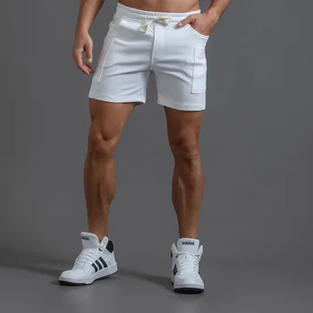 Белые спортивные шорты, мужские тренировочные спортивные шорты с эластичной резинкой на талии Длиной до колен, Джоггеры, Мужские летние спортивные шорты для фитнеса с карманом
