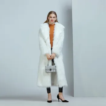 Женское однотонное длинное пальто из искусственного меха с воротником-шалью, Женские зимние пальто, Пуховик с капюшоном, Женский