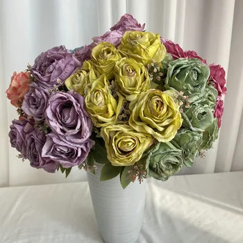 Букет искусственных роз, шелковые искусственные цветы, зеленое растение, украшение торгового центра, имитация цветов с обожженным краем, белая и красная роза