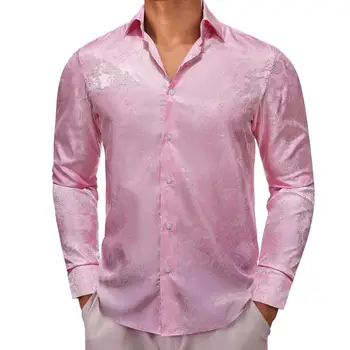 Роскошные рубашки для мужчин, шелковые Розовые Пейсли с длинным рукавом, Приталенные мужские блузки, Повседневные официальные топы, дышащие Barry Wang
