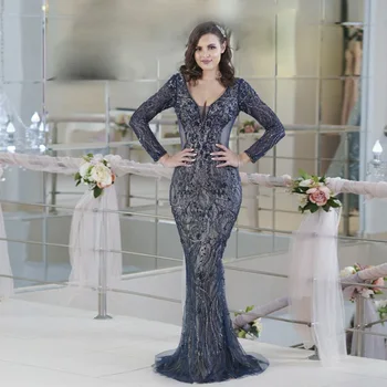 Элегантные вечерние платья с длинными рукавами и бисером из темно-синих кристаллов, вечернее женское платье из тюля с V-образным вырезом