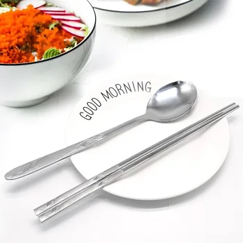 Корейская ложка для палочек из нержавеющей стали, Бытовая нескользящая Корейская резьба, Плоские твердые палочки для еды, Ложка, Набор посуды