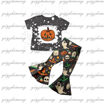 Новый дизайн, одежда для маленьких девочек в стиле Хэллоуина, молочная шелковая ткань, расклешенные брюки с рисунком тыквы с короткими рукавами, 2 комплекта