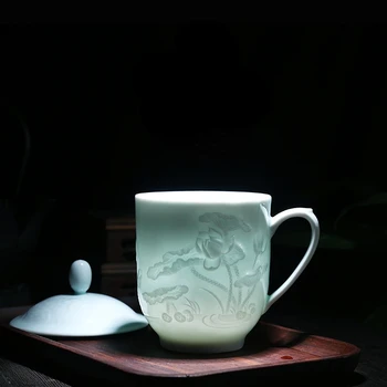 Керамическая чашка ручной работы Цзиндэчжэнь с крышкой фарфоровая тень зеленая резная одиночная чашка бытовая чашка для заварки чая