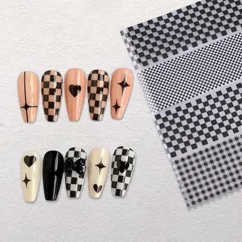 Маникюр Черная Решетка, Черно-белая Решетка, Шахматная доска, наклейки для ногтей, Украшения для ногтей, Фольга для ногтей, Наклейки для ногтей