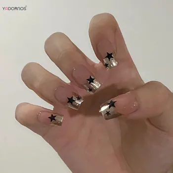 Накладные ногти в стиле Y2K для женщин и девочек, золотые французские наконечники, короткие квадратные накладные ногти, аксессуары для маникюра 