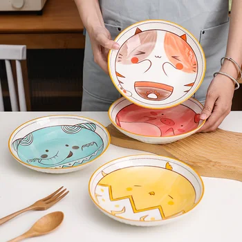 8-дюймовая керамическая тарелка с мультяшными животными Под глазурованной посудой для ужина, Кухонная десертная тарелка с фруктами, Безопасная для микроволновой печи посуда, лоток для котенка