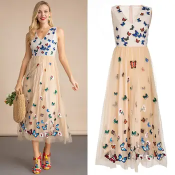14947 #IENA Fairy 2023 Летнее модное сетчатое платье Женское с V-образным вырезом и вышивкой бабочкой Винтажное вечернее платье среднего размера Плюс Размер