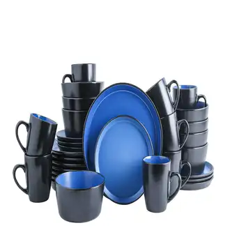 Набор круглых столовых приборов из керамогранита, сервиз на 8 персон, Современная посуда с двухцветной глазурью черного цвета