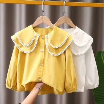Осенняя кружевная блузка для малышей и девочек-подростков, белая детская одежда, рубашка для школьниц с длинным рукавом, детские топы 6-12 лет, майки