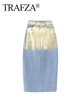 Осенние джинсовые юбки TRAFZA, модные женские юбки с градиентом 2023, Высокая талия, карманы с разрезами, Пуговицы, молния, женские длинные юбки для хай-стрит