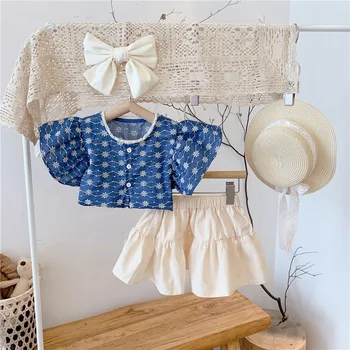 летняя детская одежда, новая рубашка с рукавами в виде листьев лотоса для девочек + короткая юбка, комплект детской одежды для новорожденных