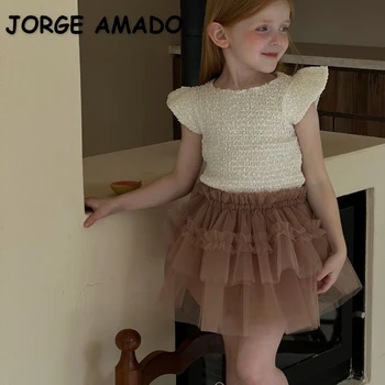 Новые летние комплекты для девочек в корейском стиле, милая Детская футболка с короткими расклешенными рукавами + сетчатая юбка-пачка, однотонная юбка-полукомбинезон H3272