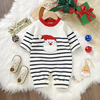 Рождественский вязаный комбинезон для новорожденных мальчиков и девочек, свитер Санта-Клауса, полосатая детская одежда для фермы, комбинезон для мальчиков с высоким воротом для девочек