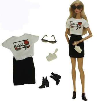 NK 1 комплект Модной белой рубашки + Черное платье + Очки + Обувь + сумка Повседневная одежда для куклы Барби Аксессуары для кукол для девочек 1/6 Игрушки для кукол