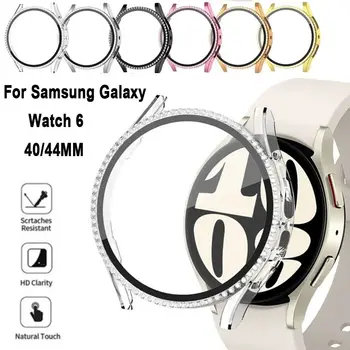 Шикарный чехол для Samsung Galaxy Watch 6 40 мм 44 мм защитная крышка ПК Бампер со стразами + пленка для экрана из закаленного стекла