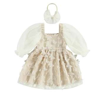 FOCUSNORM для малышей 1-5 лет, милое платье для девочек, Сетчатое платье трапециевидной формы с длинными пышными рукавами и принтом бабочки и повязкой на голову
