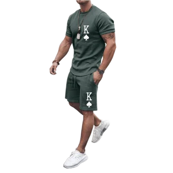 Летняя негабаритная футболка с 3D принтом игральных карт, пляжные шорты, спортивная одежда из двух частей в стиле ретро, мужская футболка с круглым вырезом, комплект