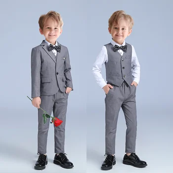 Серый Официальный костюм для мальчика из 4 предметов, Комплект для детей от 2 до 16 лет, Блейзер, пальто, куртка, Жилет, Брюки С галстуком-бабочкой, брючный костюм в тон Для ребенка