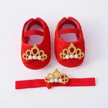 0 ~ 18 м, Обувь для новорожденных с жемчугом в виде Короны, Комплект повязки на голову, Нескользящая Обувь для малышей, Первые ходунки, Розовые туфли на мягкой подошве для новорожденных Девочек