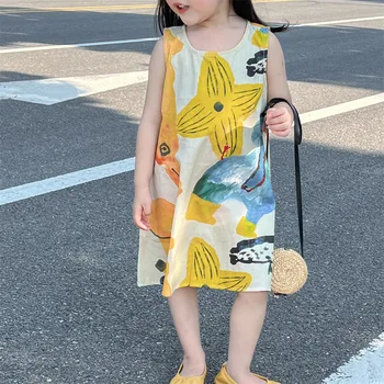 Детский сарафан с принтом 2023 Летние Девушки в Корейском стиле, хлопок в стиле Граффити, без рукавов, Новое модное повседневное платье для девочек